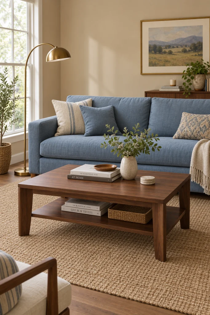 Dusty blue sofa against warm beige living room walls
