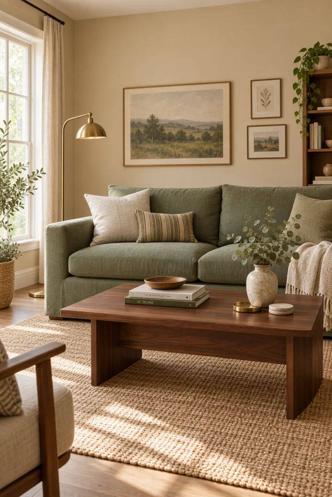 Sage green sofa against warm beige living room walls