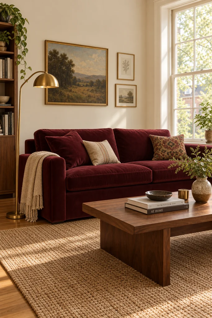 Burgundy velvet sofa against cream living room walls