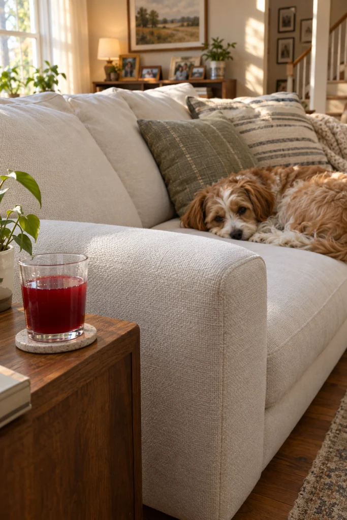 White performance fabric couch that resists stains from kids and pets in a living room
