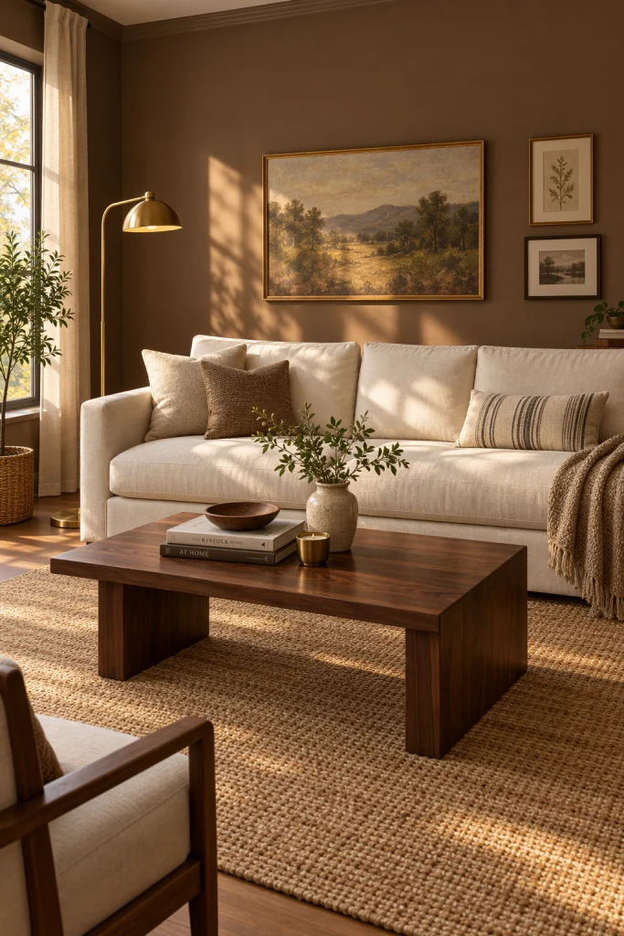 Mocha brown accent wall behind cream linen sofa