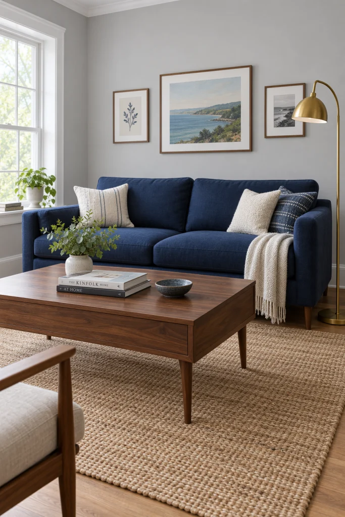 Navy blue sofa against light grey walls in living room
