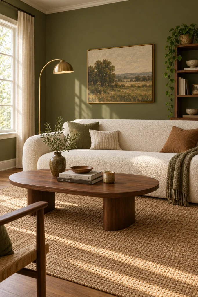 Olive green walls behind cream boucle sofa in cozy living room