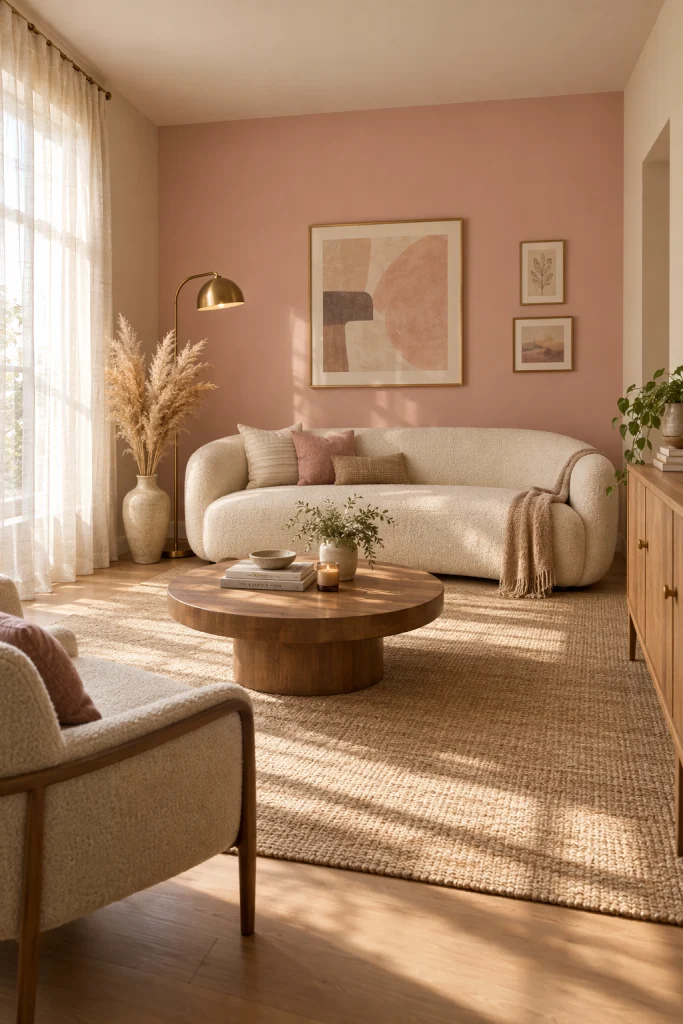 Blush pink accent wall behind a beige boucle sofa in a soft living room