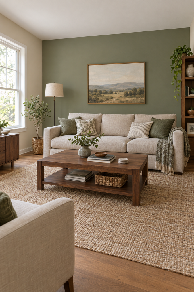 Sage green accent wall in a beige and neutral living room