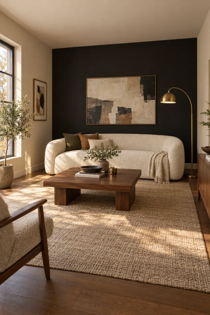 Matte black accent wall behind a cream sofa in a modern living room