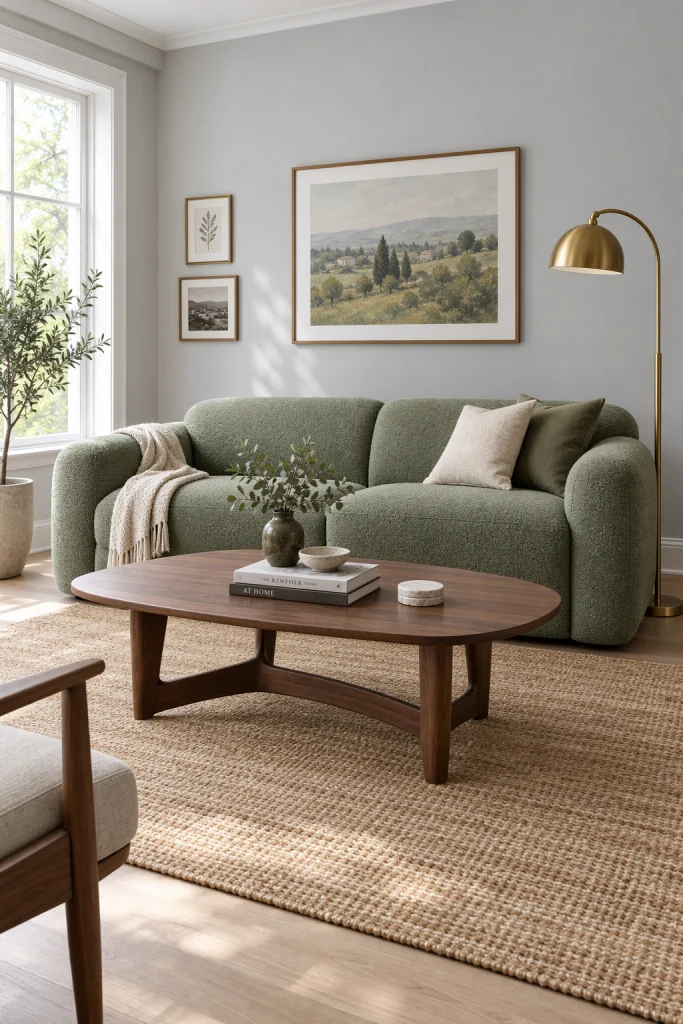 Sage green sofa against light grey walls in calm living room