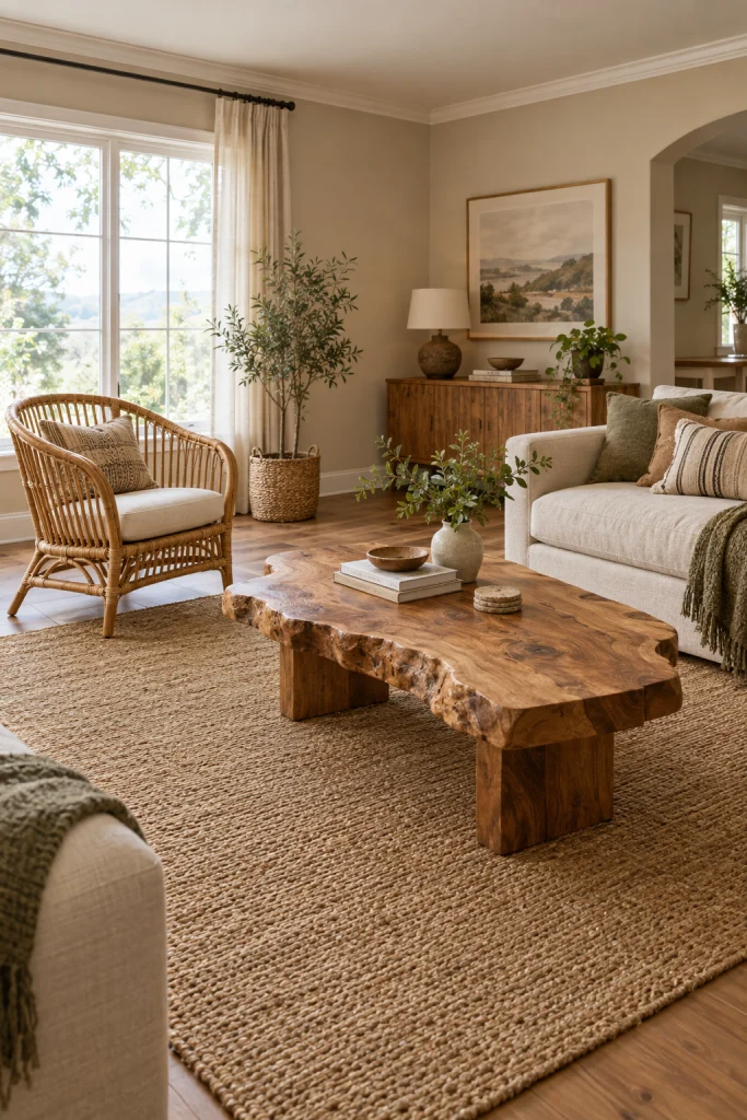 Rattan chair and jute rug base in a modern boho living room