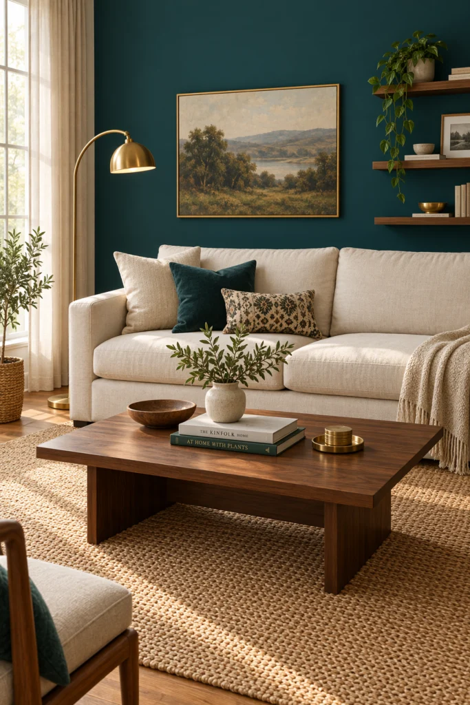 Deep teal accent wall behind cream sofa in modern living room