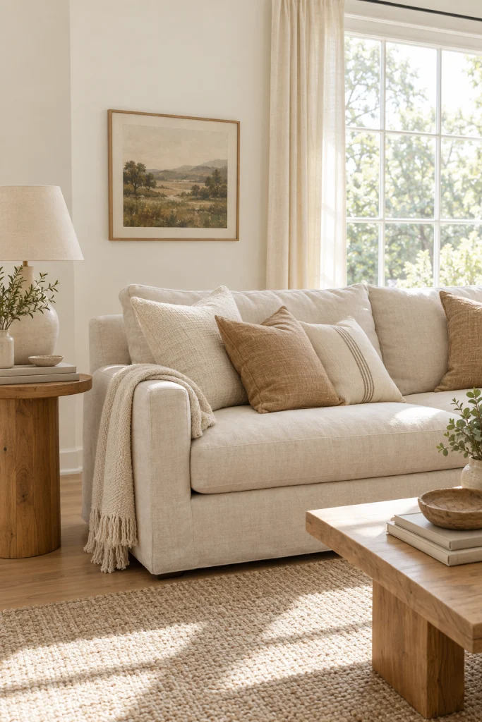 Warm white living room walls paired with a cream linen sofa and wood side table