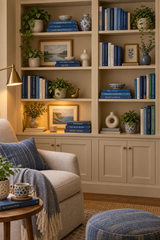 Beige built in shelves styled with blue accents