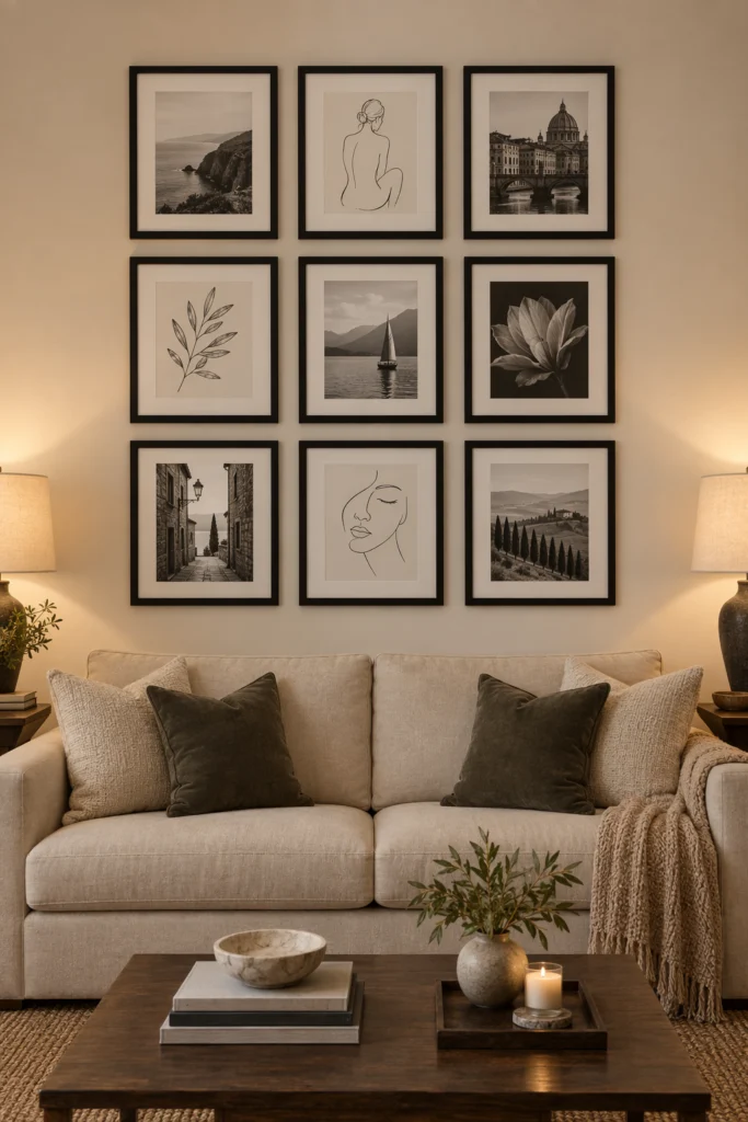 Black-framed gallery wall arrangement above a beige sofa