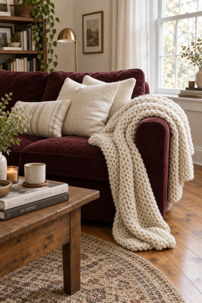 urgundy sofa with cream knit throw blanket draped over arm