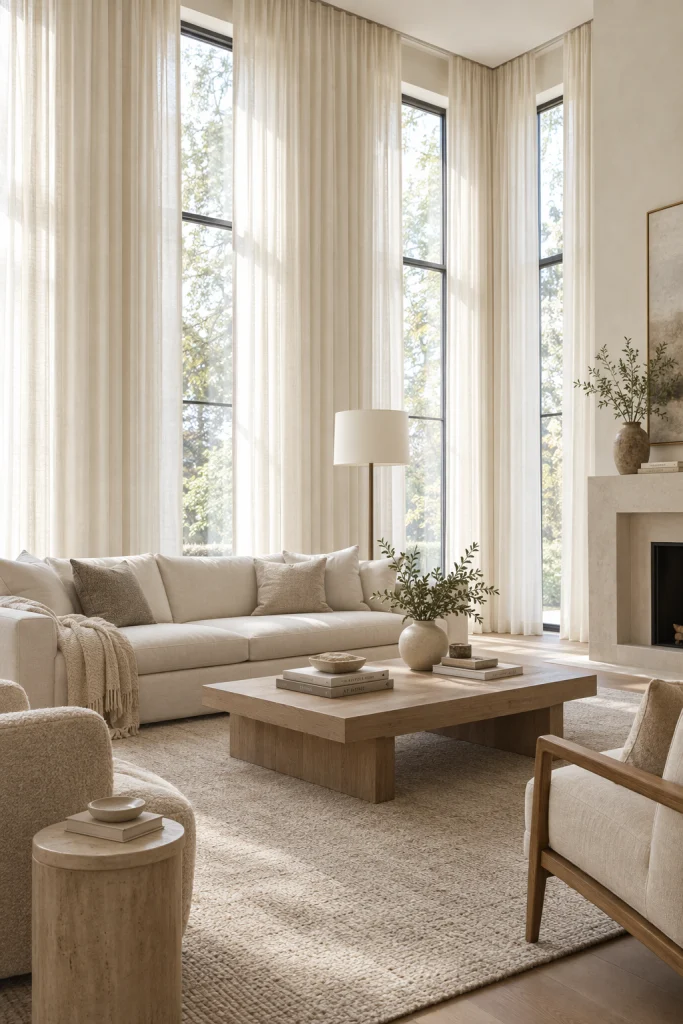 Floor-to-ceiling ivory linen curtains making a living room window look taller
