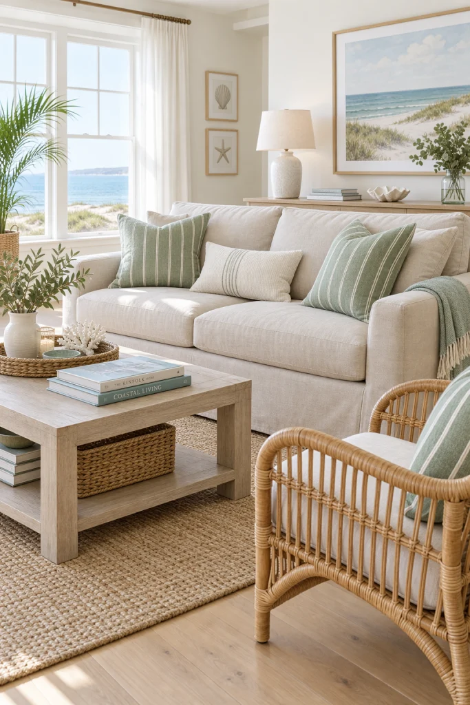 Coastal living room with beige sofa and sage green striped pillows