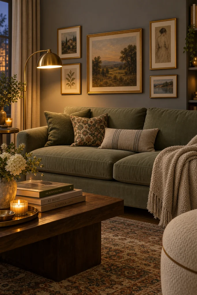Sage green sofa with brass floor lamp against grey walls