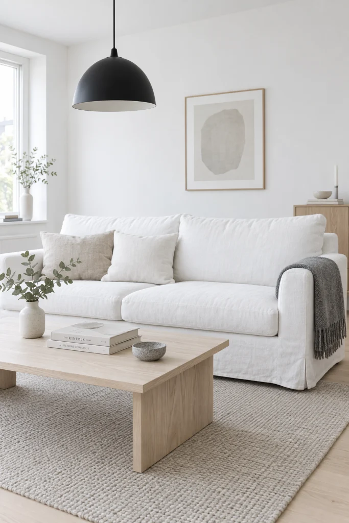 White couch styled in a minimal Scandinavian living room with light wood accents