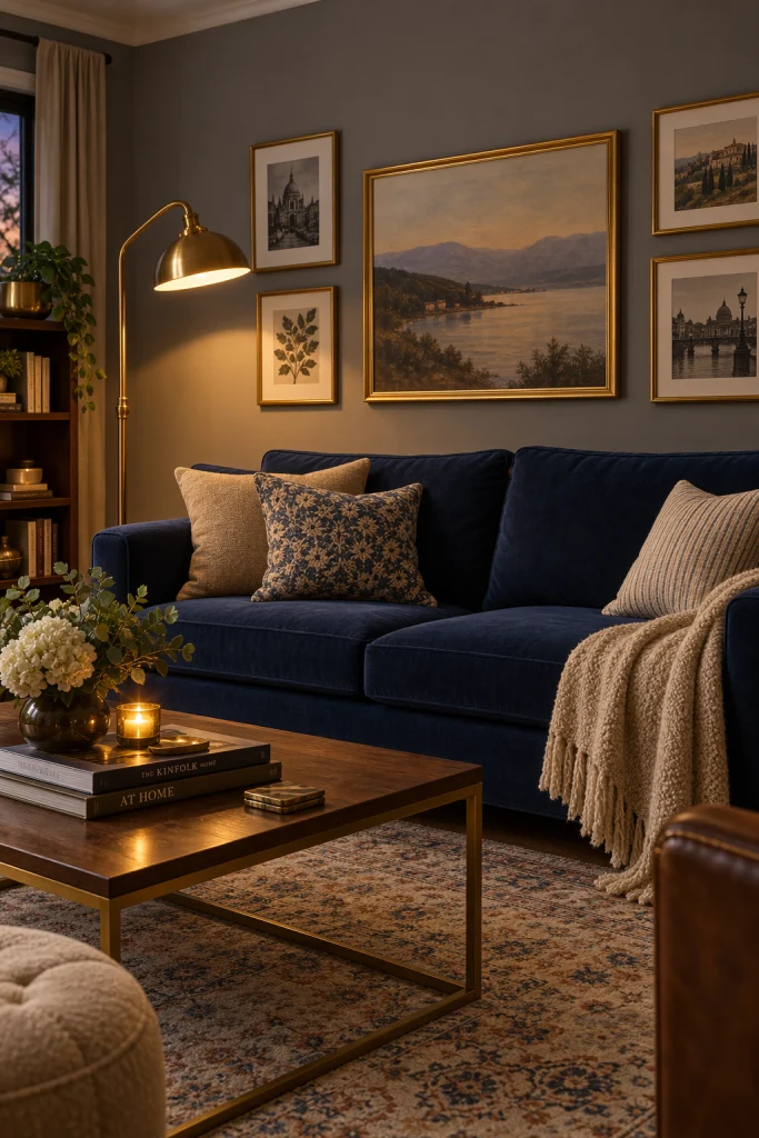 Navy blue sofa with brass floor lamp against grey walls