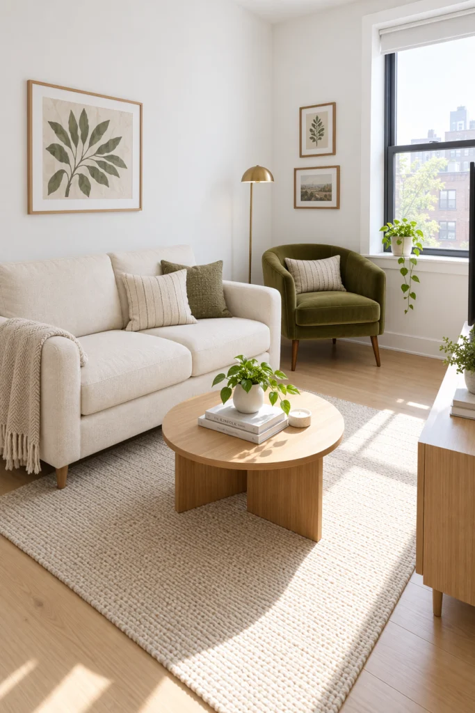 Small living room with olive green velvet accent chair