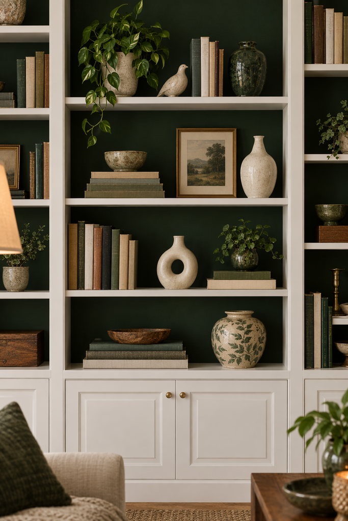 Built-in shelving with green-painted interior backing