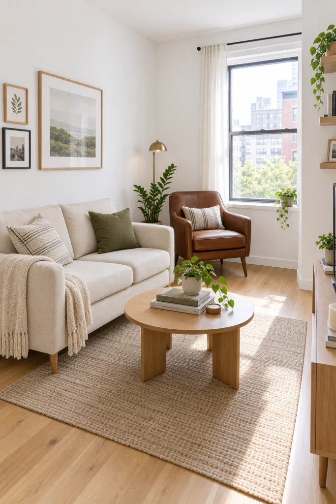 Small living room with brown leather accent chair and white walls