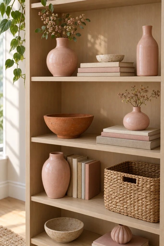 Beige wood shelves styled with pink ceramic vases and decor