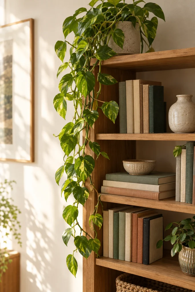 Trailing pothos plant styled on a shelf in a boho living room