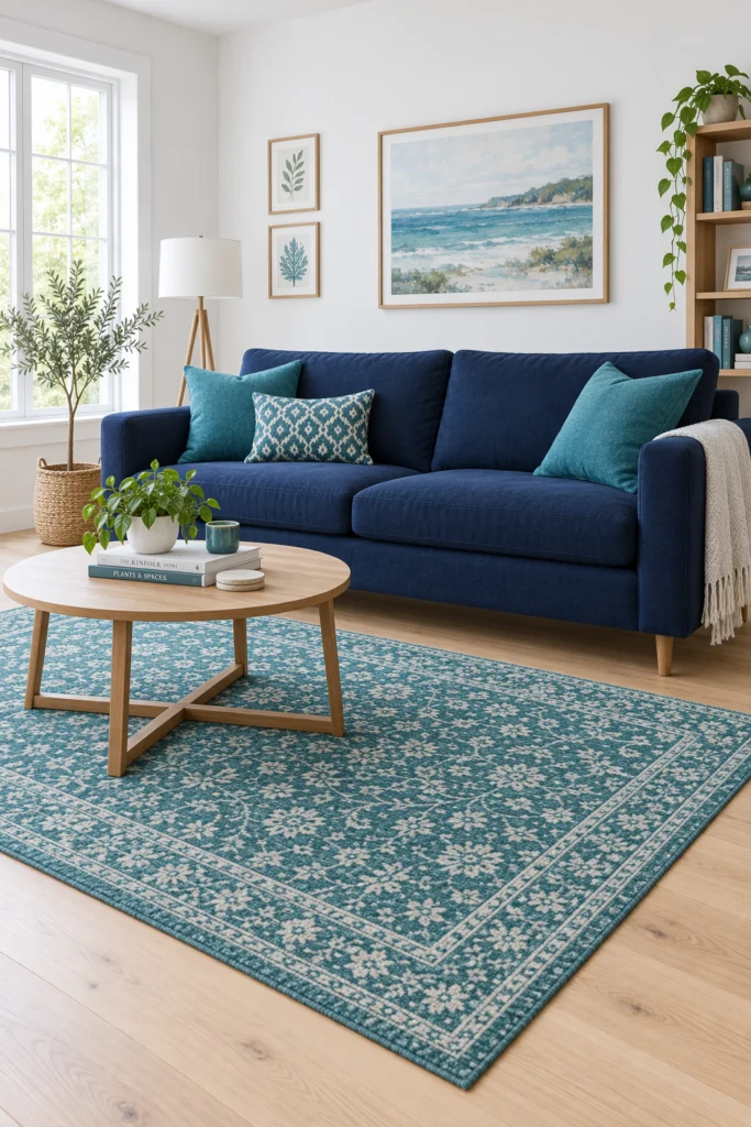 Navy sofa layered with teal pillows and teal patterned rug