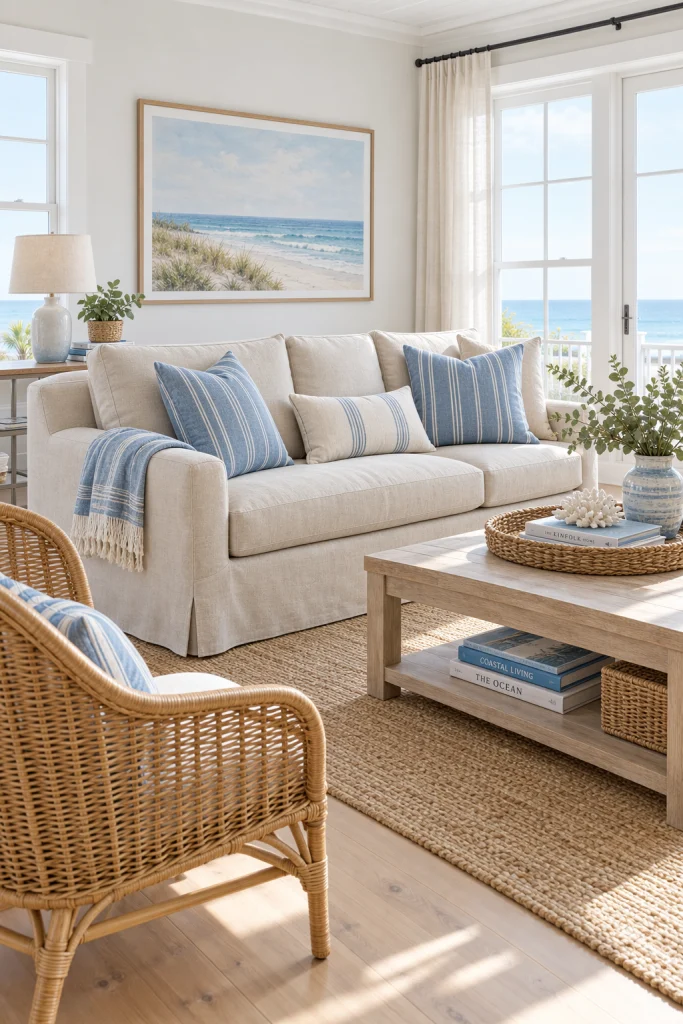 Coastal living room with beige sofa and blue striped pillows
