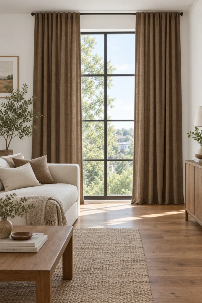 Floor to ceiling brown curtains in white walled living room