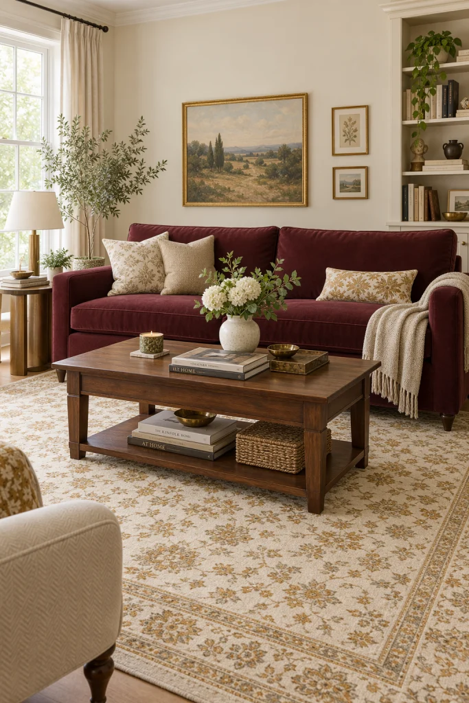 Burgundy sofa paired with patterned cream and gold area rug