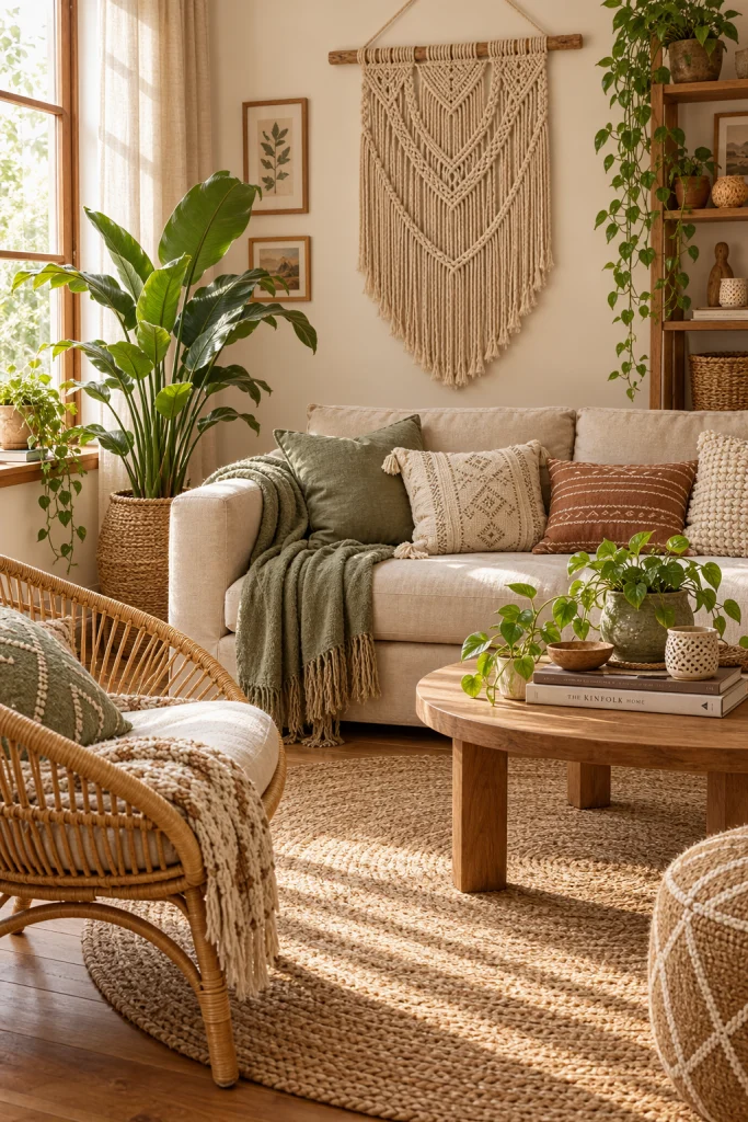 Boho living room with beige sofa and sage green plants