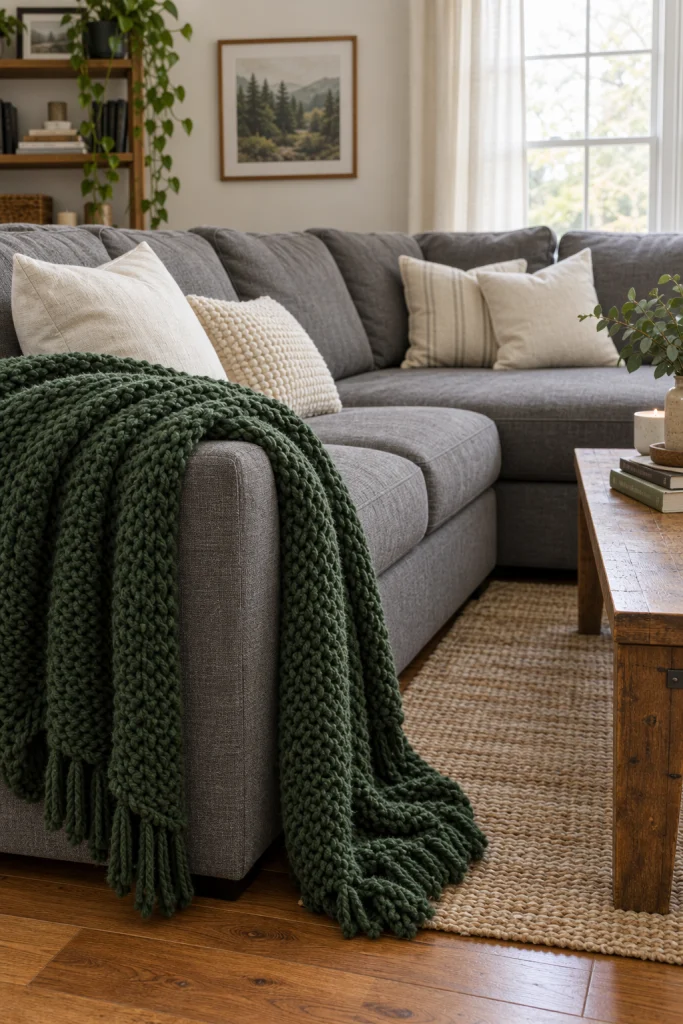 Grey sectional sofa with green knit throw blanket draped over arm