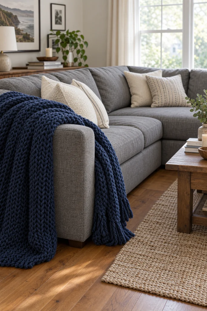 Grey sectional sofa with navy blue knit throw blanket draped over arm