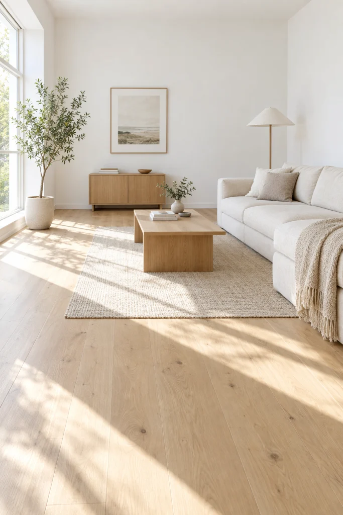  Light oak flooring paired with white walls in a bright living room