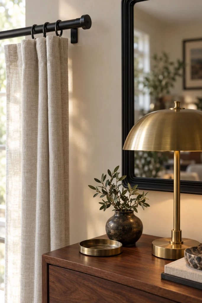 Black and brass accents styled in a modern living room