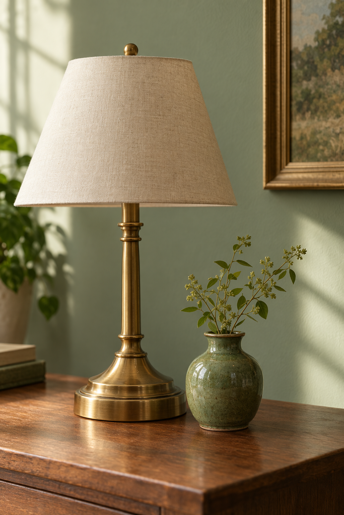 Green and brass accents styled in a living room