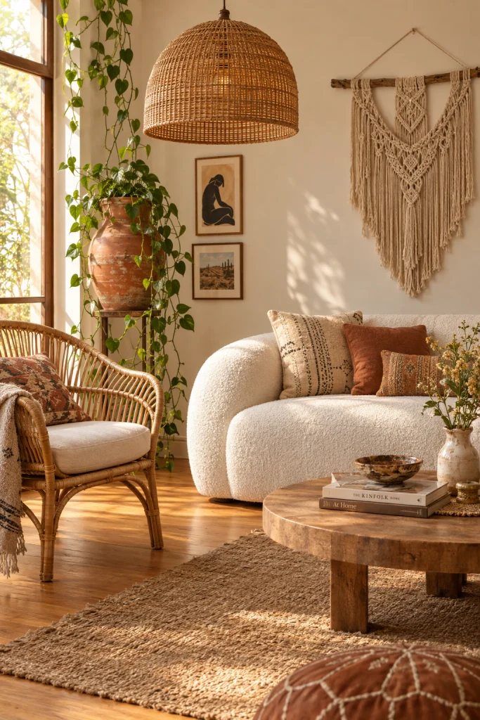 White couch paired with rattan chair and woven decor in a modern boho living room