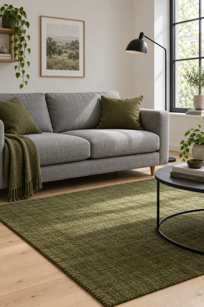 Grey sofa styled with olive green throw pillows and rug