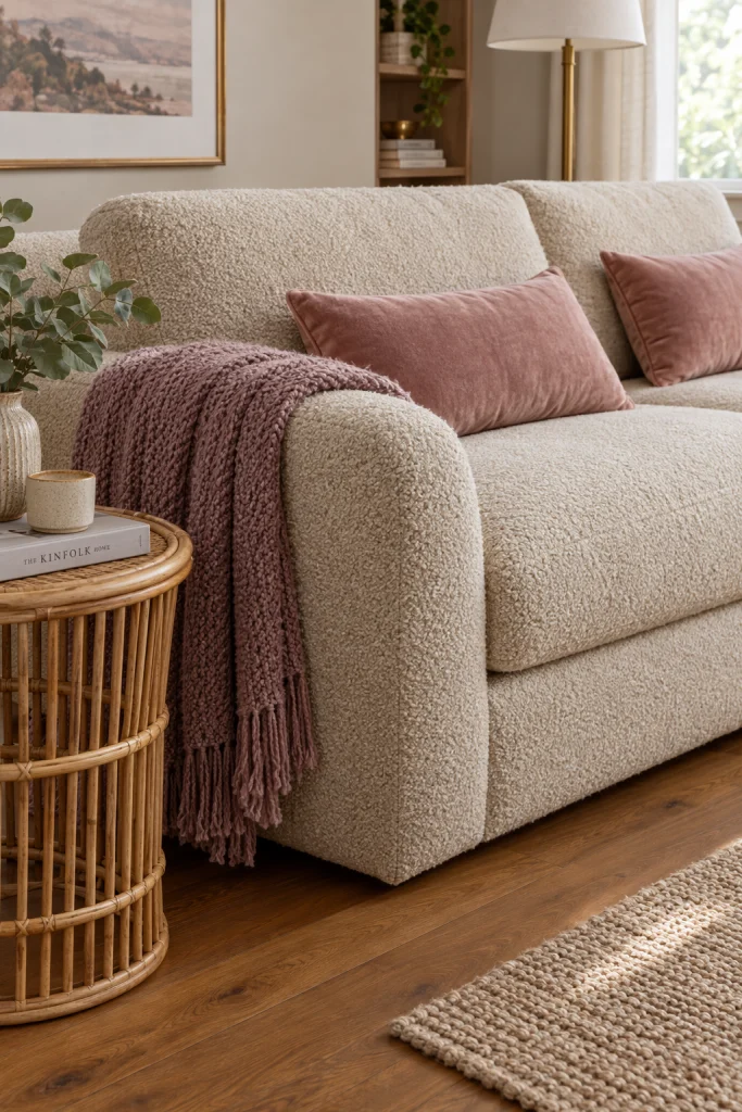 Beige boucle sofa styled with dusty pink pillows and throw