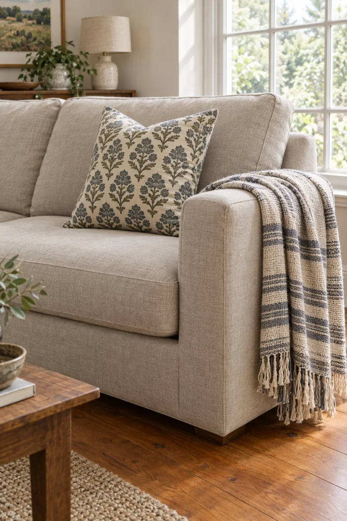 Linen sofa styled with a block-print throw pillow in a boho living room
