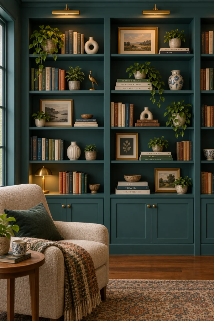 Teal painted built in bookshelves styled with books and plants
