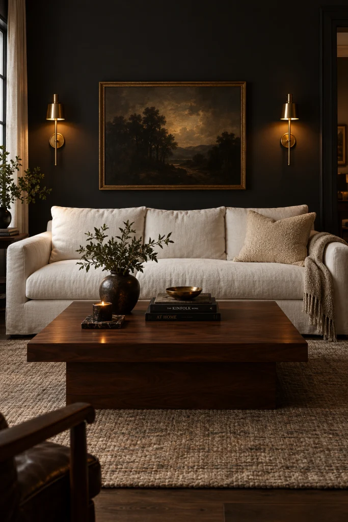 White couch against a dark moody accent wall for a dramatic contrast living room