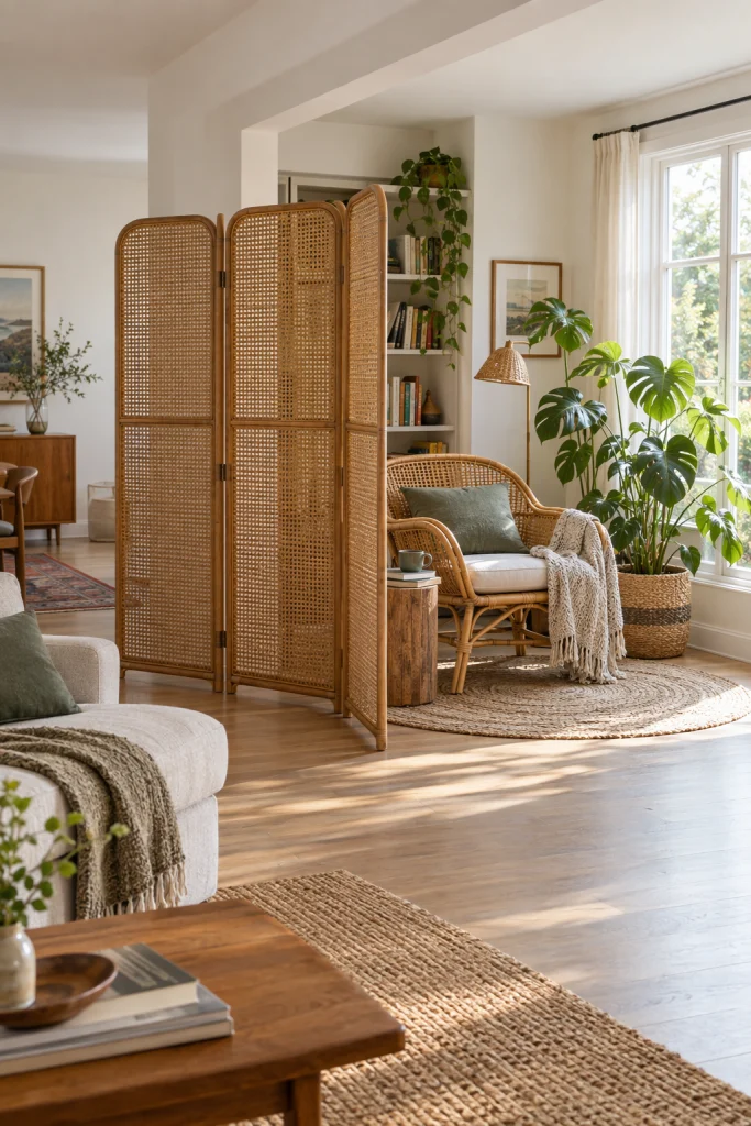 Woven rattan room divider in a modern boho living room