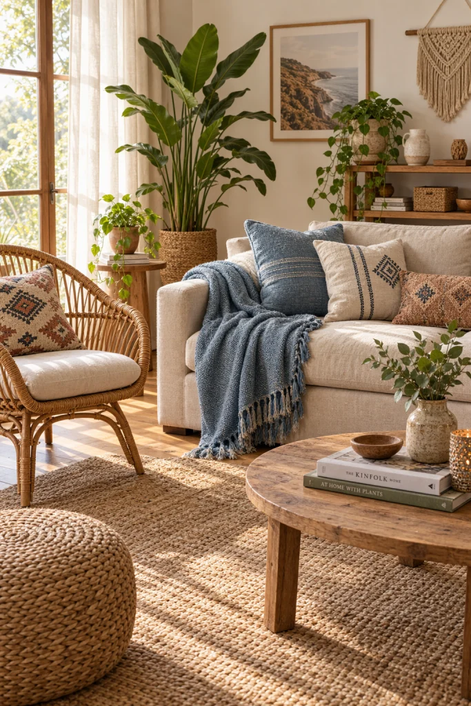 Boho living room with beige sofa and dusty blue throw blanket