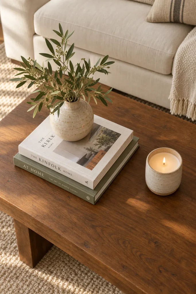 Brown wood coffee table styled with books and ceramic vase