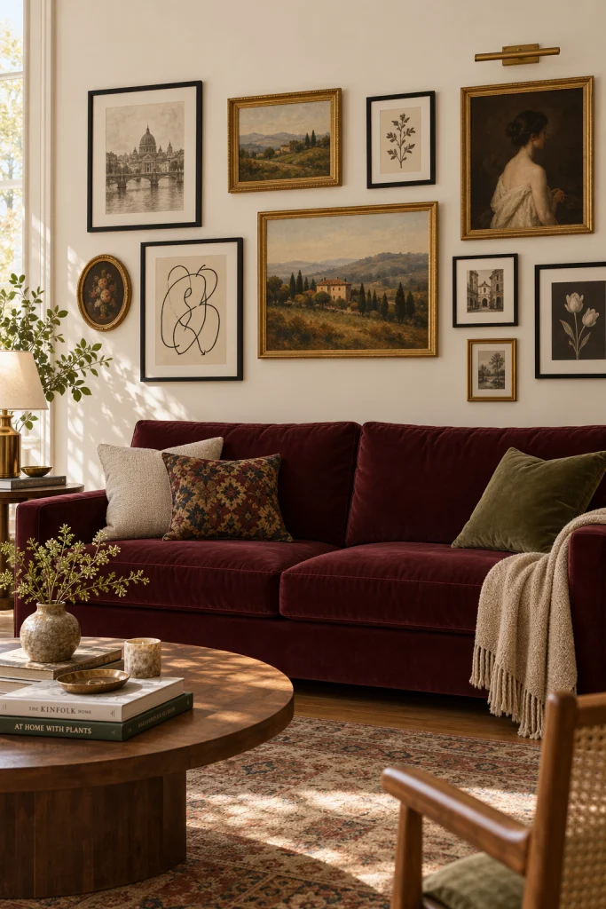 Burgundy sofa with gallery wall of framed art above it