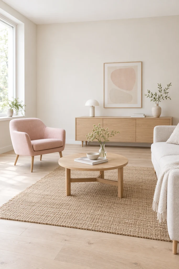 Scandinavian living room with pale pink accent chair and light wood