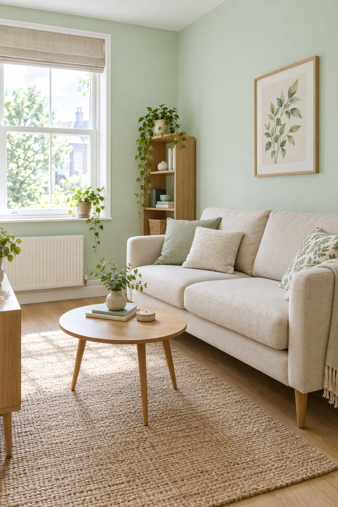 Pale mint green walls in a small, airy living room