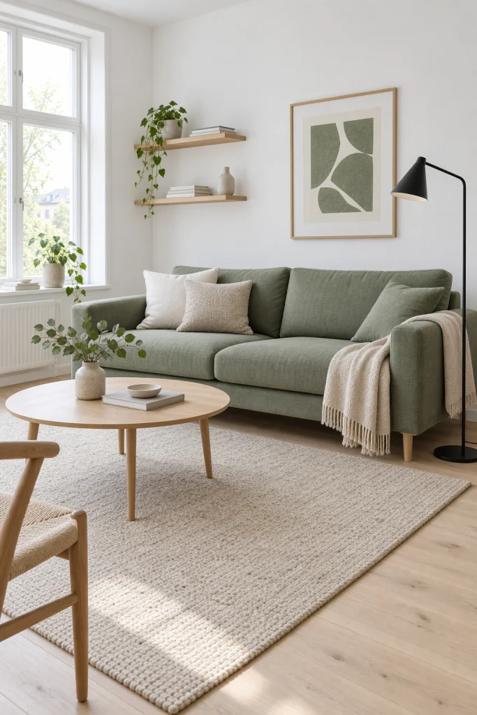 Scandinavian living room with sage green sofa and beige rug